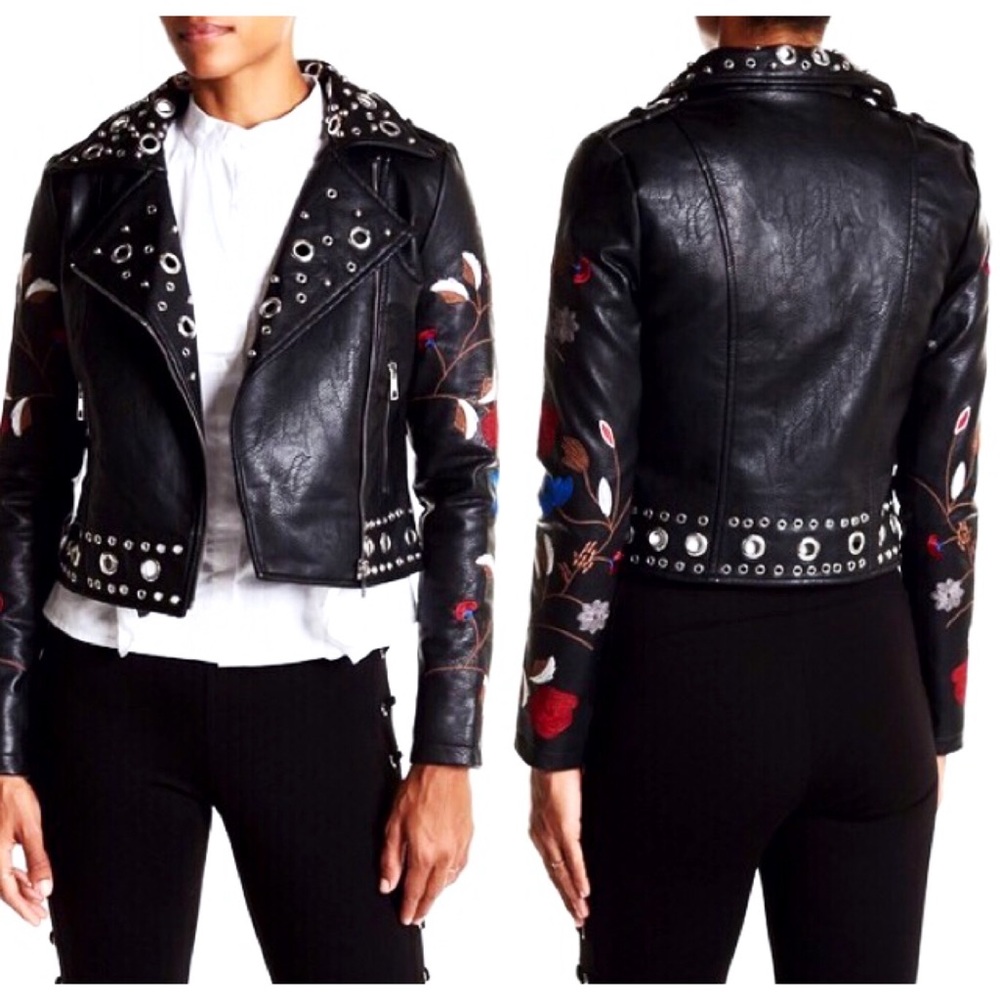 NWT : size S : black Circle Rivet Floral Embroidered Moto faux Leather Jacket
